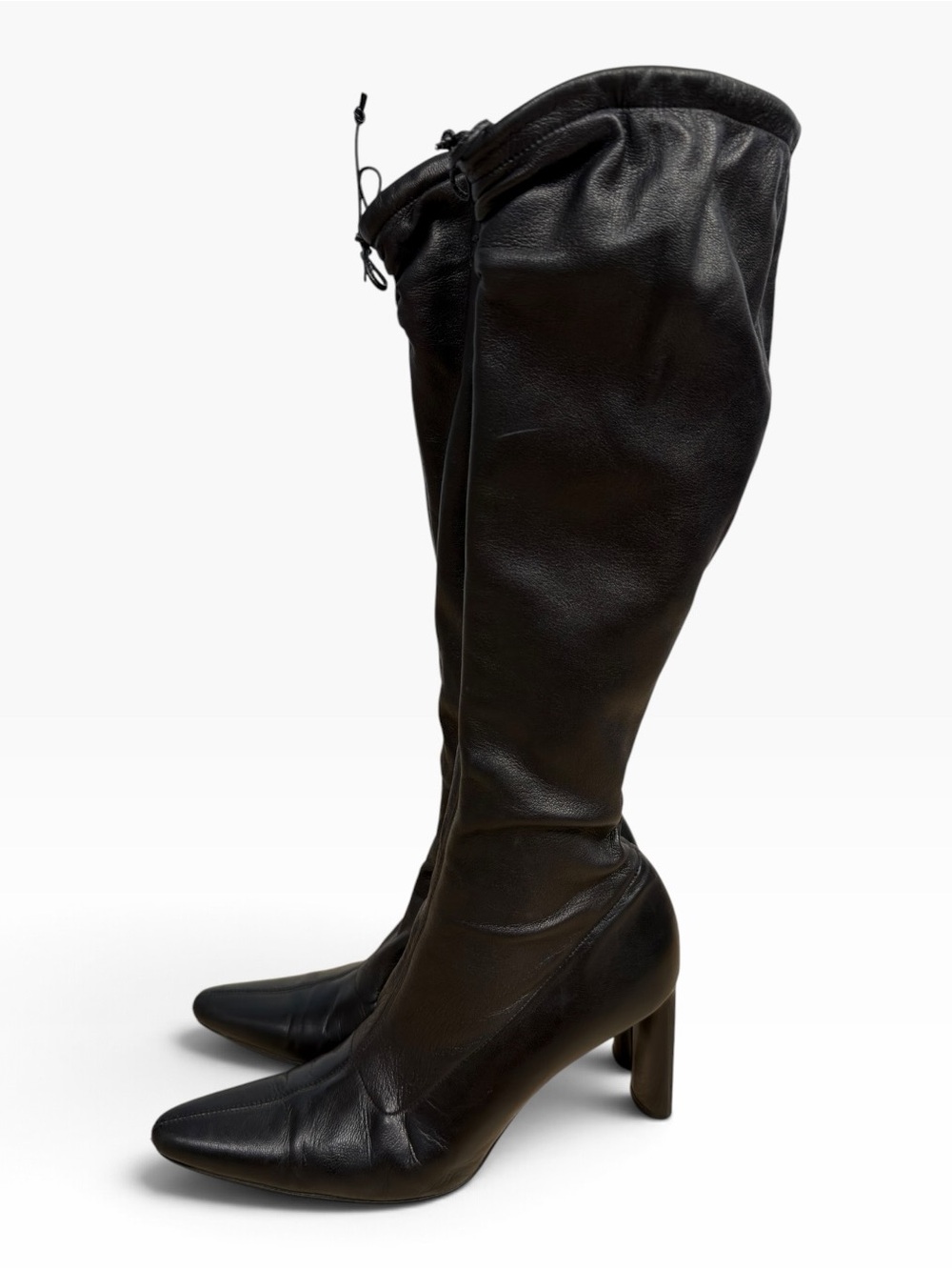 Vintage Italian Black Leather Knee High Slouch Heeled Boots Tie US 7 Gunmetal